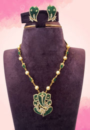 Beautiful necklace with Vinayaka pendant and green colour combination